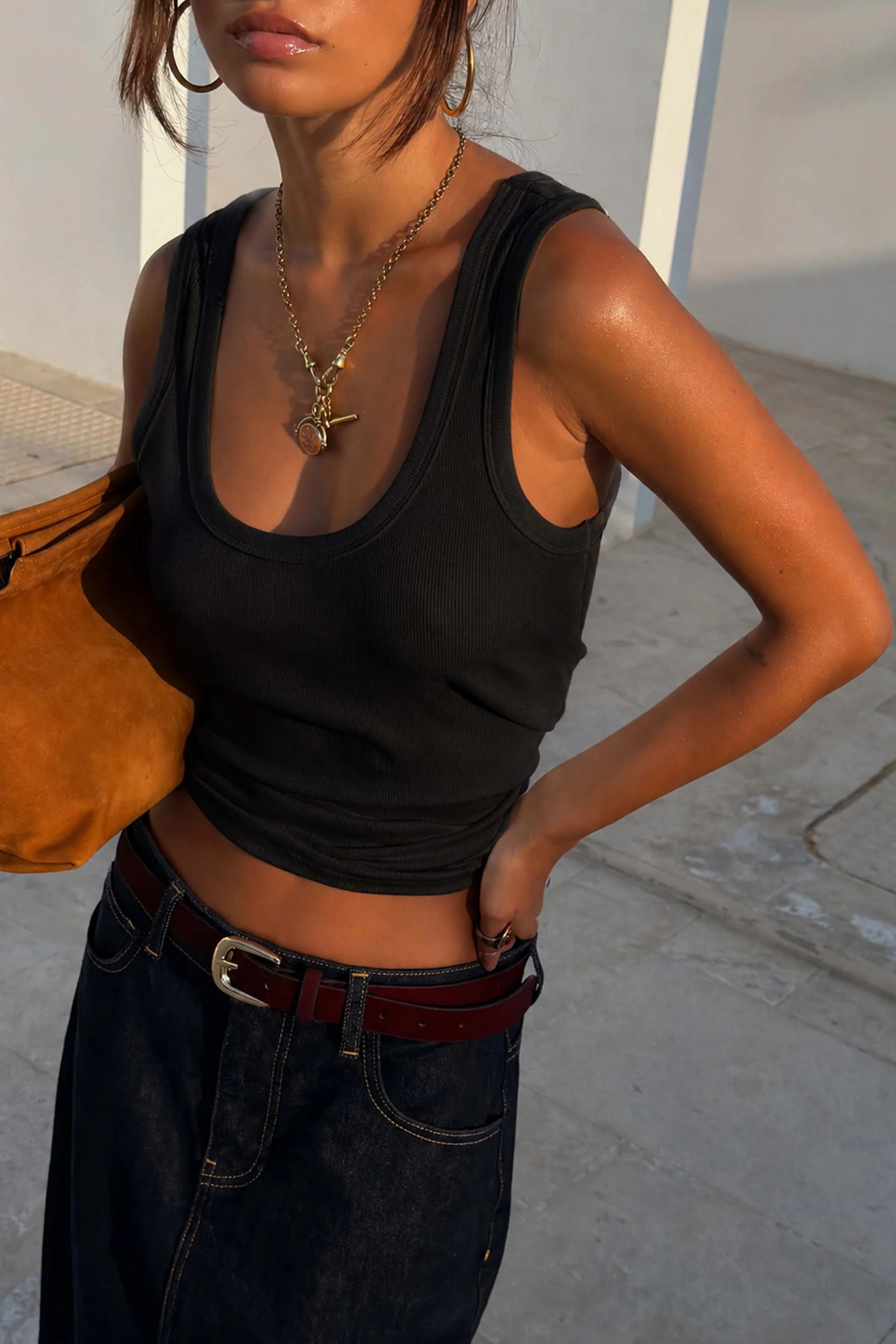 Black Scoop Neck Rib Tank - Image 2