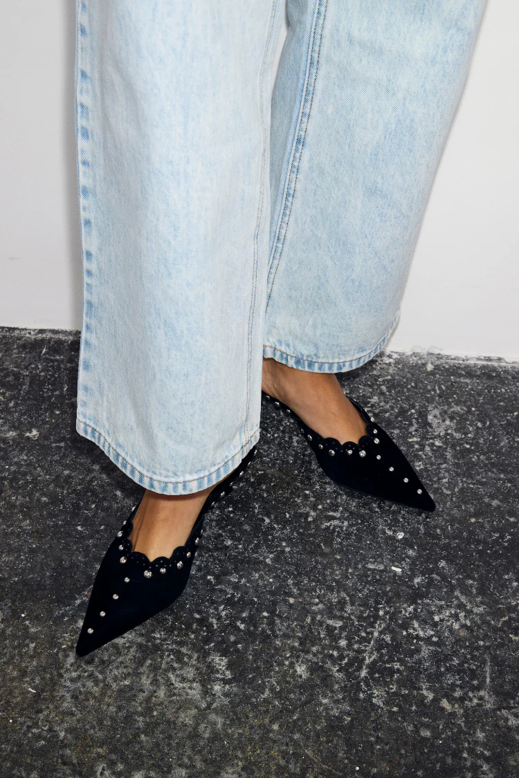Black Suede Mules with Silver Studs - Image 2