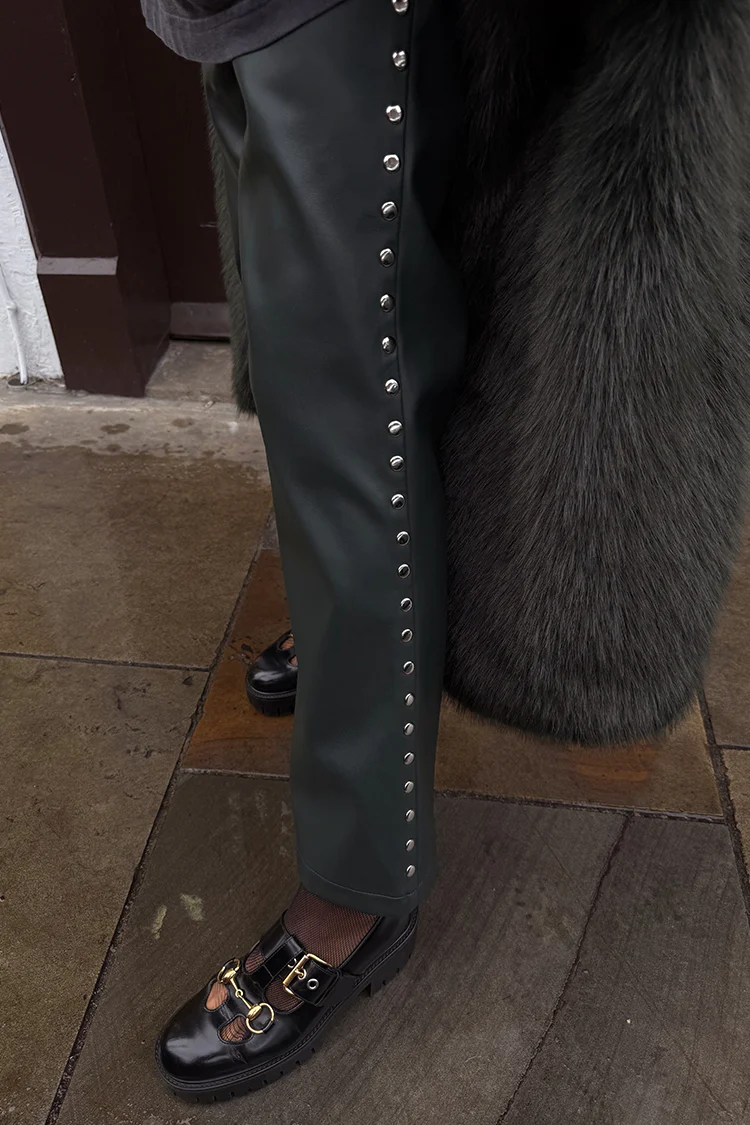 Bottle Green Studded Vegan Leather Trousers Petite - Image 4