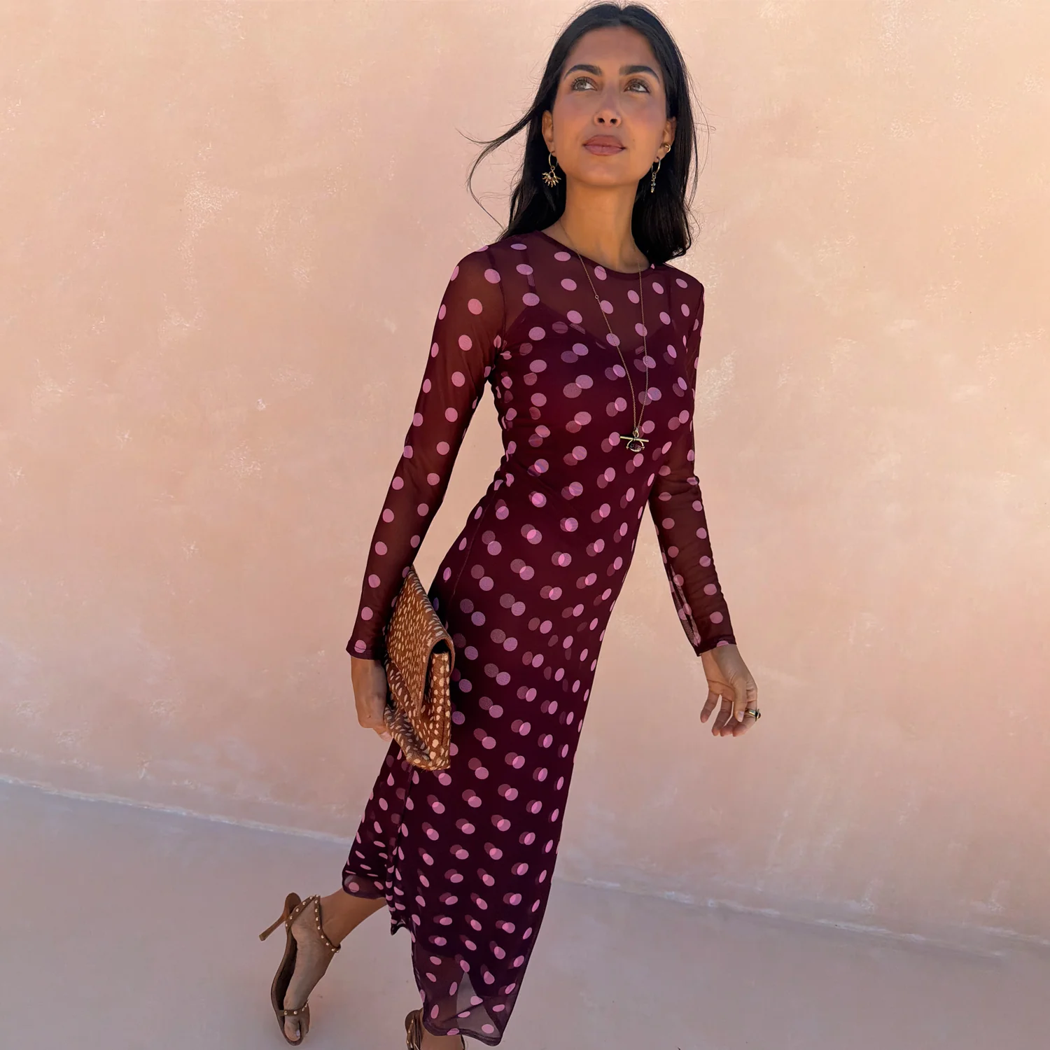 Burgundy Polka Dot Mesh Dress