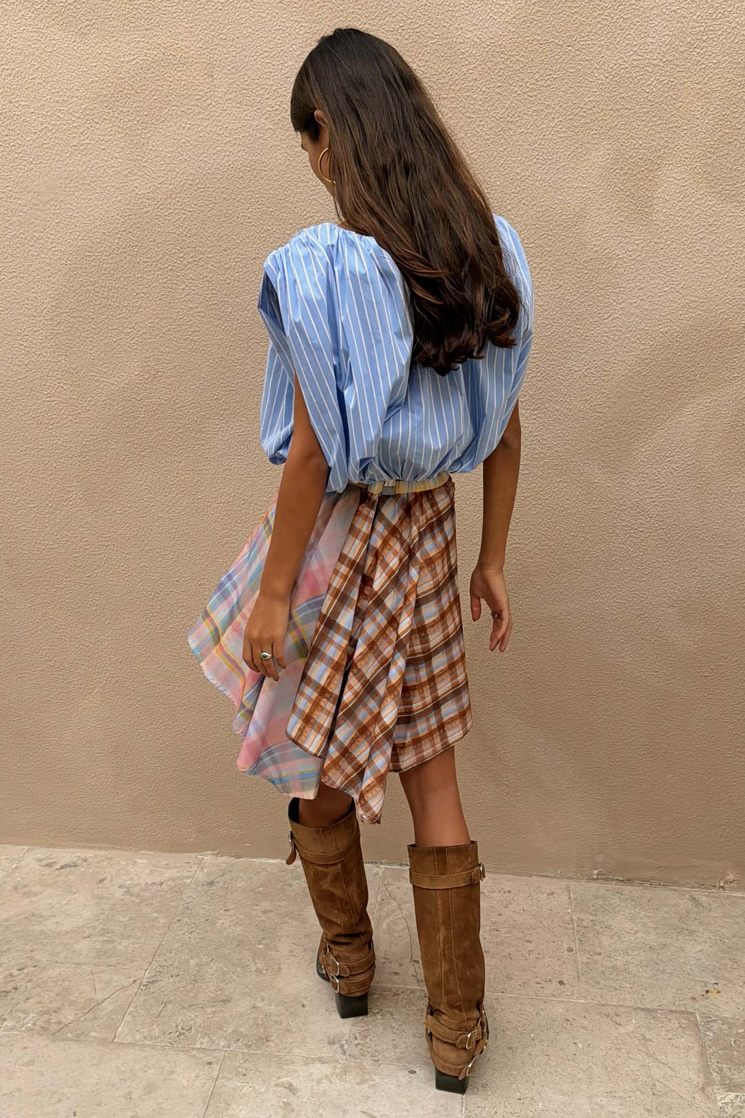 Check Asymmetric Mini Skirt with Stripe Detail - Image 4
