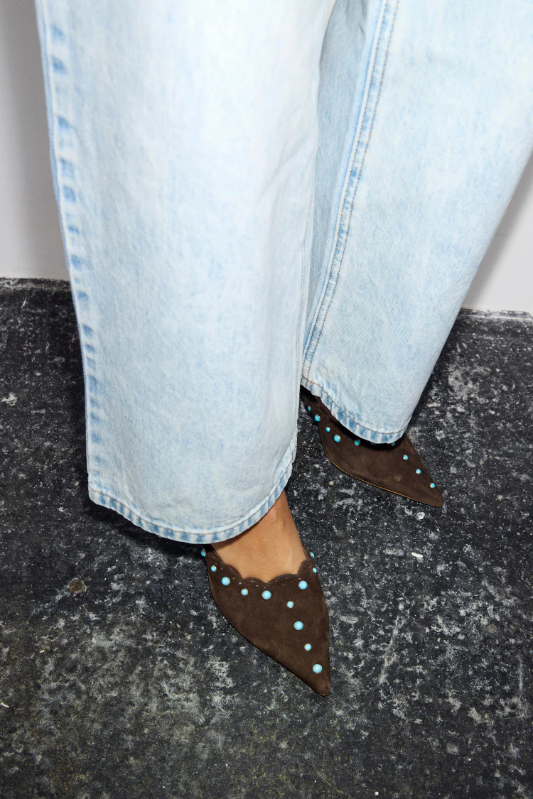 Chocolate Suede Mules with Turquoise Studs - Image 11
