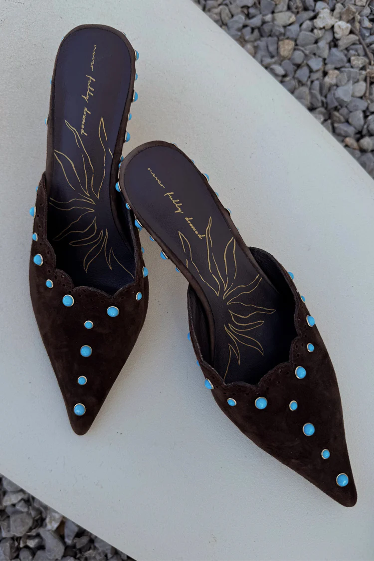Chocolate Suede Mules with Turquoise Studs - Image 13