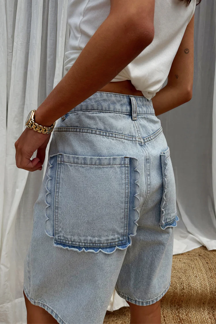 Denim Scallop Pocket Long Shorts - Image 3
