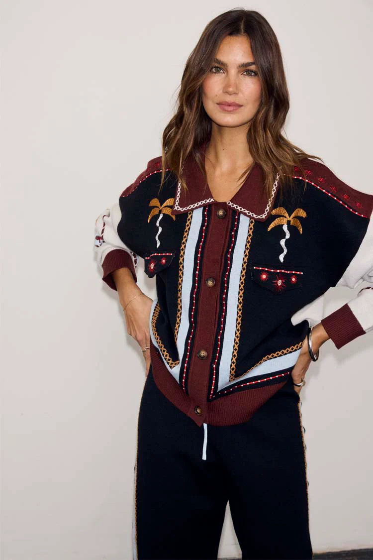 Geometric Knit Cardigan with Embroidery Detail - Image 2