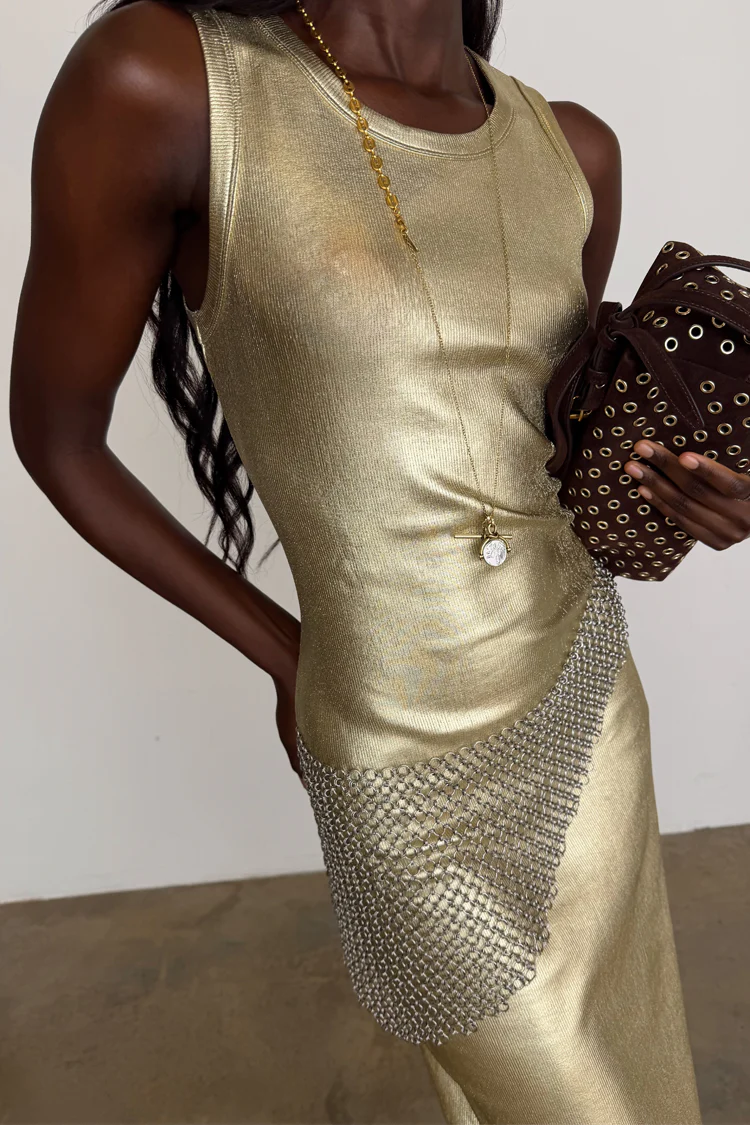 Gold Metallic Ribbed Dress - Image 3