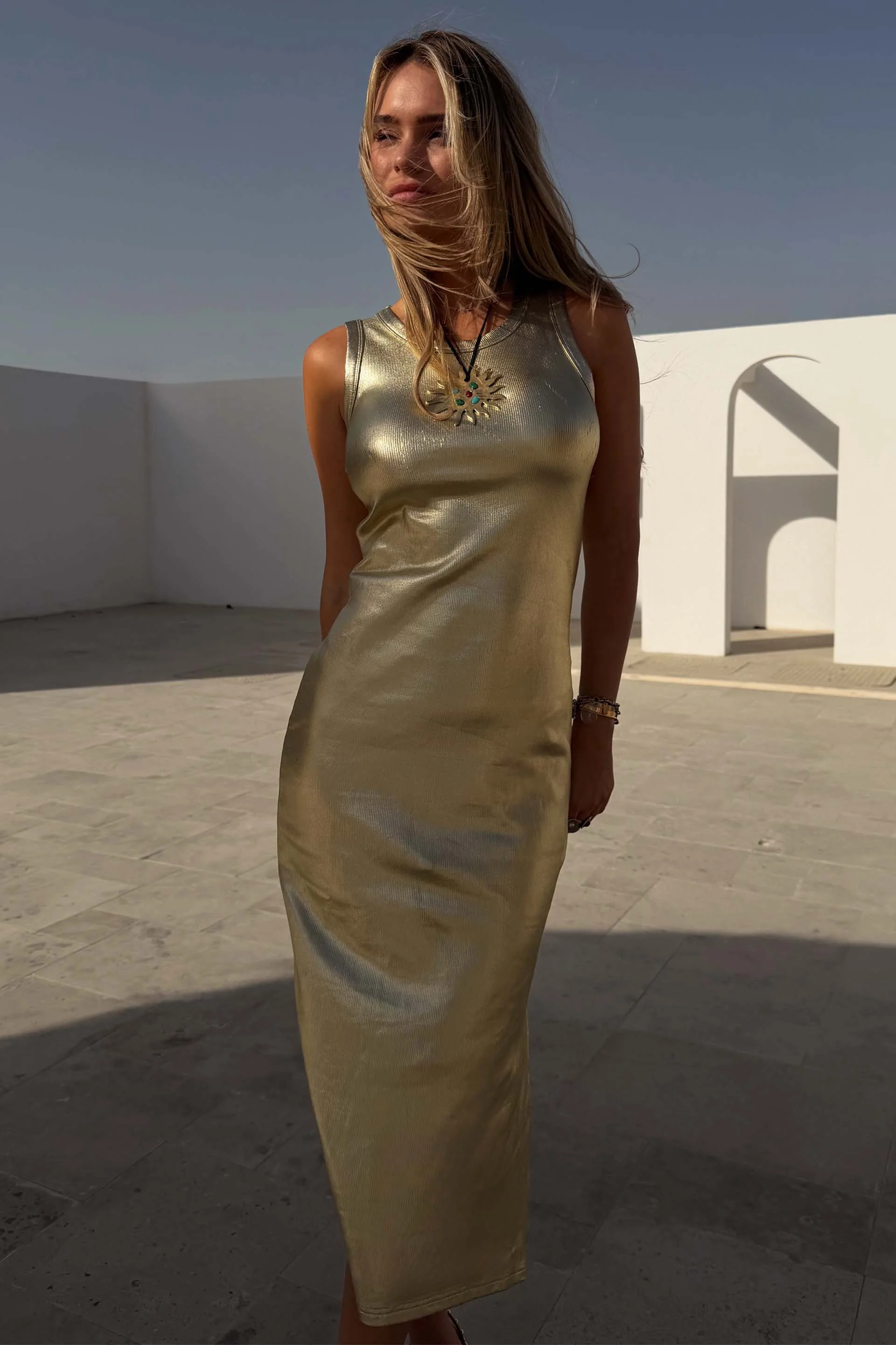 Gold Metallic Ribbed Dress - Image 9
