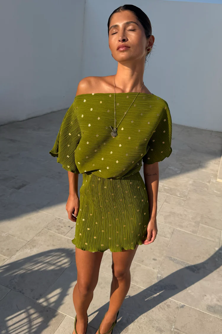 Khaki Mini Plisse Tilly Dress - Image 3