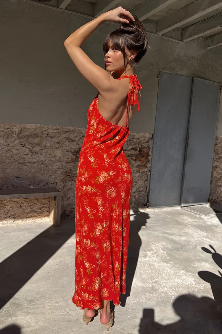 Red Floral Halter Dress - Image 6