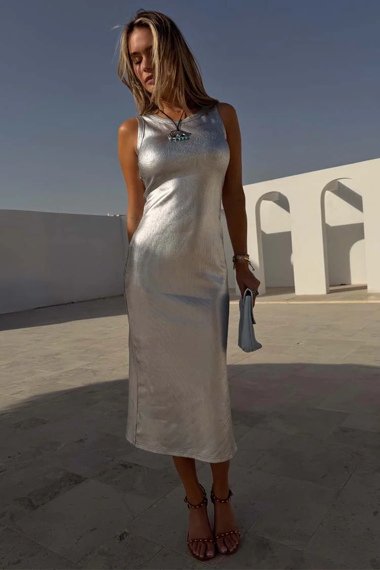 Silver Metallic Ribbed Dress - Image 6