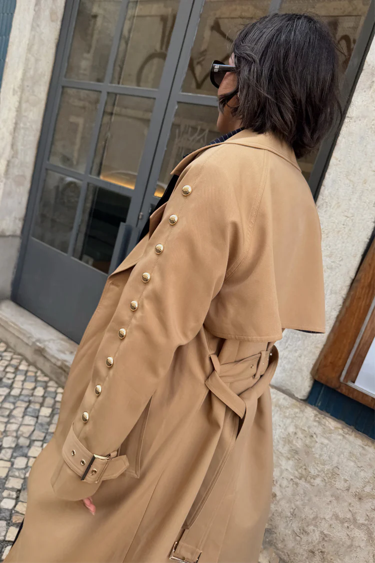Tan Trench Coat with Gold Studs - Image 12