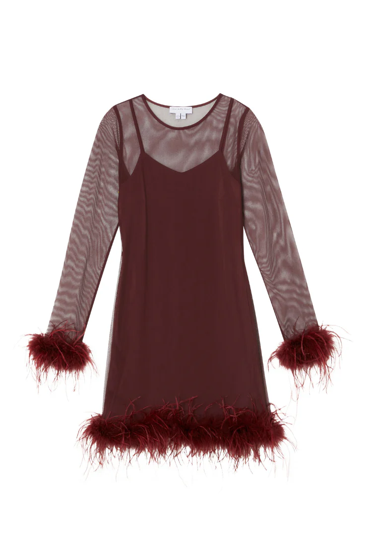 Wine Mesh Feather Mini Dress - Image 8