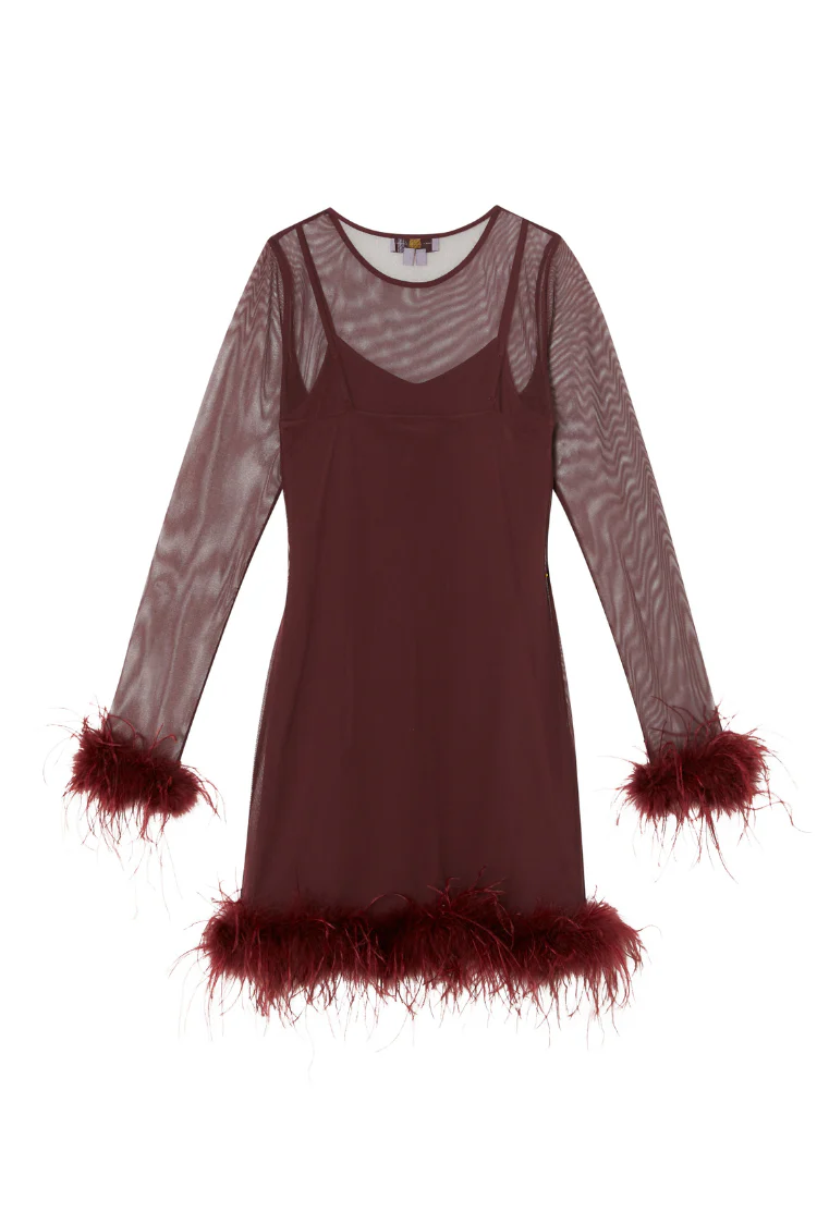 Wine Mesh Feather Mini Dress - Image 9